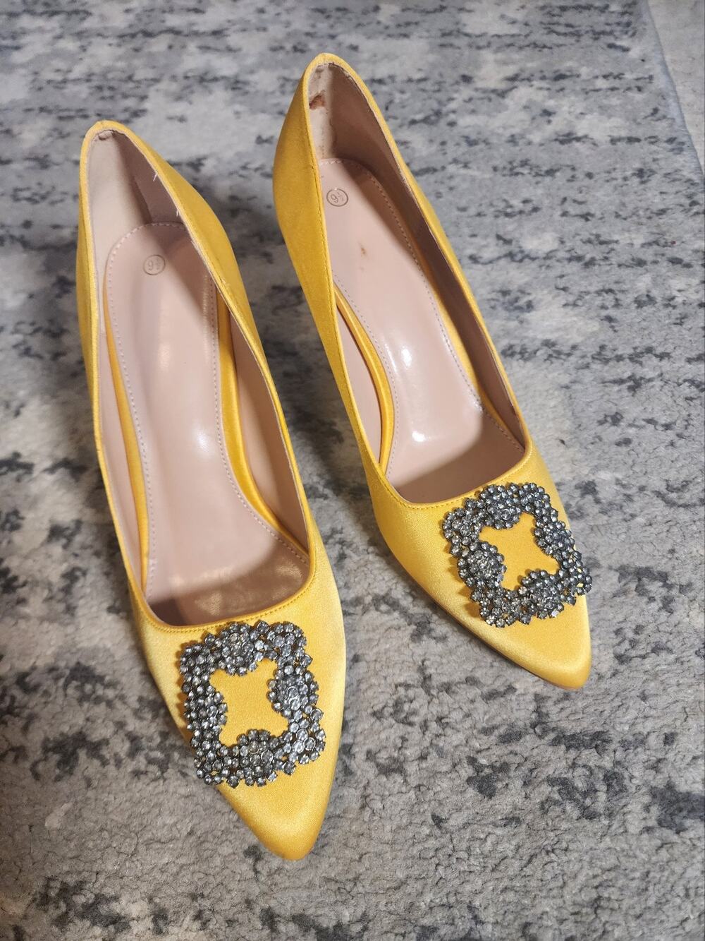 Yellow Satin Crystal Buckle Pointed Toe Pumps Size 9